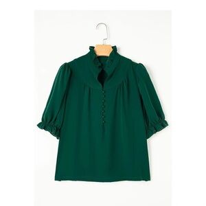 Women's Ruffle Mock-Neck Blouse in Deep Green Size M